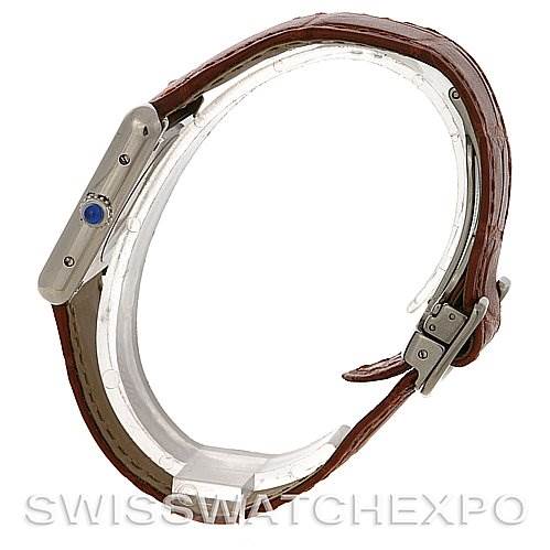 The image shows a side view of the Cartier Tank Solo W5200005 Women's Stainless Steel Silver Dial W5200005 Women's Stainless Steel Silver Dial watch, highlighting the crown, strap, and buckle.