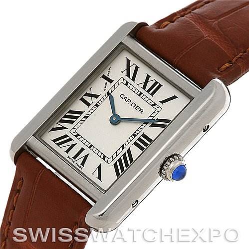 This image shows a Cartier Tank Solo W5200005 Women's Stainless Steel Silver Dial W5200005 Women's Stainless Steel Silver Dial watch from an angle highlighting the face, crown, and a portion of the brown leather strap.