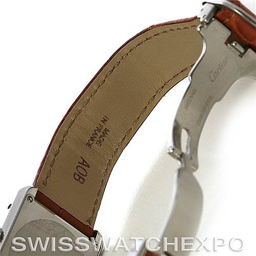 The image shows the backside of the leather strap and clasp of a Cartier Tank Solo W5200005 Women's Stainless Steel Silver Dial W5200005 Women's Stainless Steel Silver Dial watch.