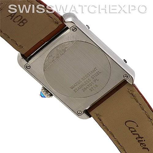 The image shows the back view of a Cartier Tank Solo W5200005 Women's Stainless Steel Silver Dial W5200005 Women's Stainless Steel Silver Dial watch, highlighting its stainless steel case and leather strap.