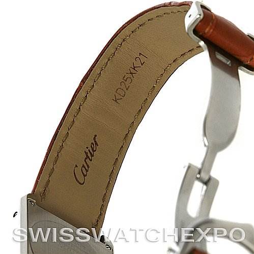 This image shows the underside of the leather strap of a Cartier Tank Solo W5200005 Women's Stainless Steel Silver Dial W5200005 Women's Stainless Steel Silver Dial watch, displaying the clasp and logo.