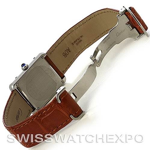 This image shows the back and clasp of a Cartier Tank Solo W5200005 Women's Stainless Steel Silver Dial W5200005 Women's Stainless Steel Silver Dial watch with a brown leather strap.