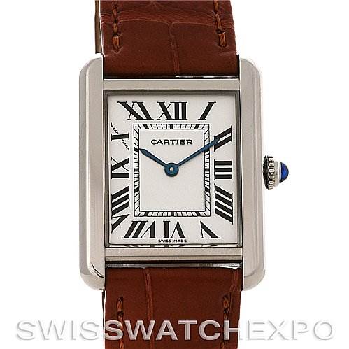 The image shows the front view of the Cartier Tank Solo W5200005 Women's Stainless Steel Silver Dial W5200005 Women's Stainless Steel Silver Dial watch, highlighting its face, Roman numerals, hands, and leather strap.