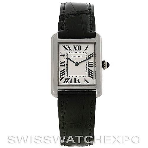 The image shows the front view of a Cartier Tank Solo W1018255 Women's Stainless Steel Silver Dial W1018255 Women's Stainless Steel Silver Dial watch, displaying the watch face and black leather strap.