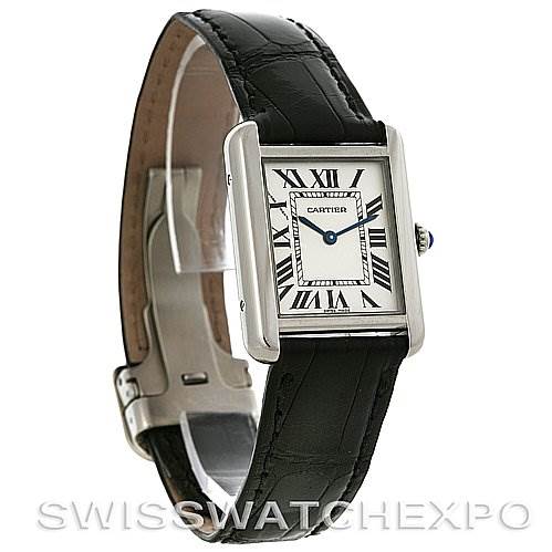 The image shows the Cartier Tank Solo W1018255 Women's Stainless Steel Silver Dial W1018255 Women's Stainless Steel Silver Dial model from an angled side view, highlighting its rectangular face, black leather strap, and clasp.