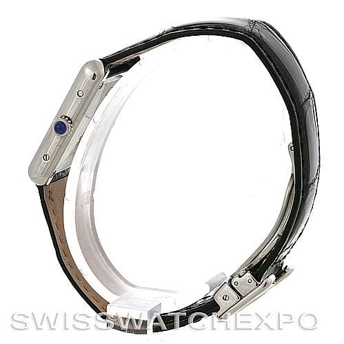 This image shows a side view of a Cartier Tank Solo W1018255 Women's Stainless Steel Silver Dial W1018255 Women's Stainless Steel Silver Dial watch, featuring the case, crown, and black leather strap.