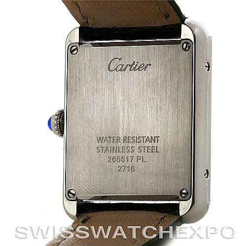 This image shows the back case of a Cartier Tank Solo W1018255 Women's Stainless Steel Silver Dial W1018255 Women's Stainless Steel Silver Dial watch, emphasizing the stainless steel back and water resistance feature.