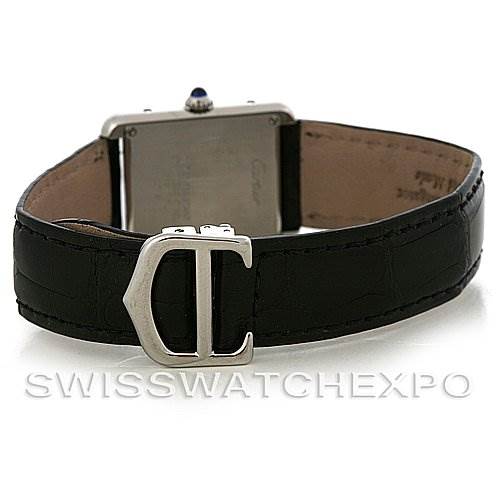 The image shows the back view of a Cartier Tank Solo W1018255 Women's Stainless Steel Silver Dial W1018255 Women's Stainless Steel Silver Dial watch, highlighting the clasp and leather strap.