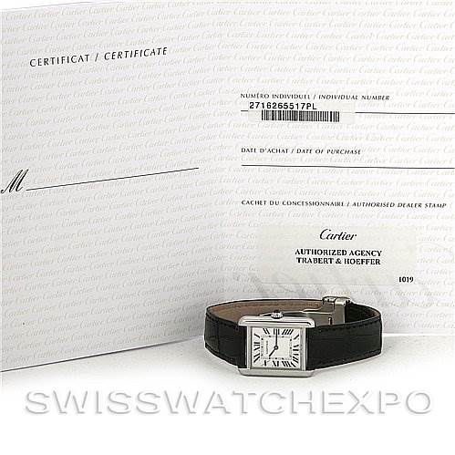 The image shows a Cartier Tank Solo W1018255 Women's Stainless Steel Silver Dial W1018255 Women's Stainless Steel Silver Dial watch with its certificate and authorized dealer stamp, captured from a frontal angle.