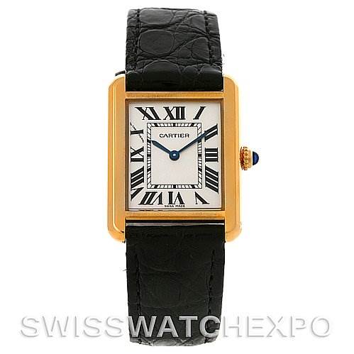 The image shows a front view of a Cartier Tank Solo W1018755 Women's Steel and Gold (two tone) Silver Dial W1018755 Women's Steel and Gold (two tone) Silver Dial watch, highlighting its rectangular case, Roman numeral dial, and black leather strap.