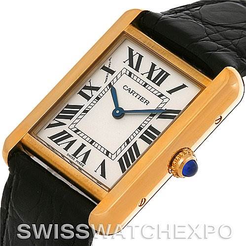 The image shows a close-up, angled view of the Cartier Tank Solo W1018755 Women's Steel and Gold (two tone) Silver Dial W1018755 Women's Steel and Gold (two tone) Silver Dial watch face, case, crown, and part of the leather strap.