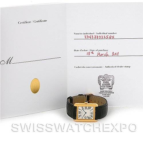 The image shows the Cartier Tank Solo W1018755 Women's Steel and Gold (two tone) Silver Dial W1018755 Women's Steel and Gold (two tone) Silver Dial watch face and band, along with its certificate.