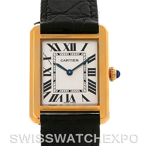 The image shows a frontal view of the Cartier Tank Solo W1018755 Women's Steel and Gold (two tone) Silver Dial W1018755 Women's Steel and Gold (two tone) Silver Dial watch, highlighting its face, casing, and part of the black leather strap.