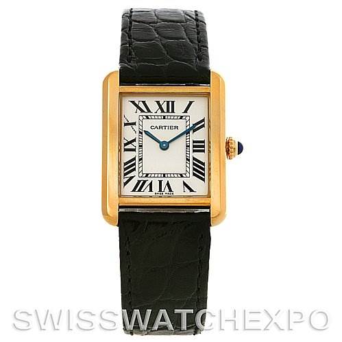The image shows a frontal view of a Cartier Tank Solo W1018755 Women
s Steel and Gold (two tone) Silver Dial W1018755 Women
s Steel and Gold (two tone) Silver Dial watch with a gold case, black leather strap, and Roman numeral dial.