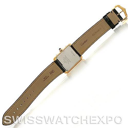 This image shows the back and strap of a Cartier Tank Solo W1018755 Women
s Steel and Gold (two tone) Silver Dial W1018755 Women
s Steel and Gold (two tone) Silver Dial watch, lying flat with the buckle visible.