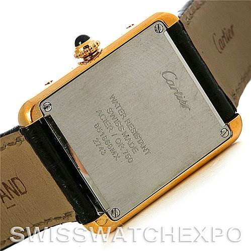 The image shows the back case of a Cartier Tank Solo W1018755 Women
s Steel and Gold (two tone) Silver Dial W1018755 Women
s Steel and Gold (two tone) Silver Dial watch, displaying the case back, strap, and brand engraving.