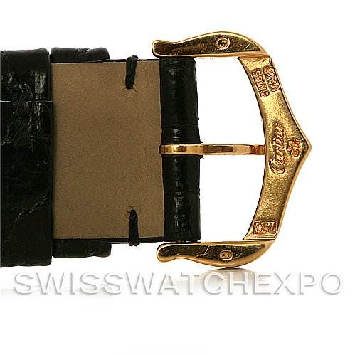 The image shows a close-up of the gold buckle and black leather strap of a Cartier Tank Solo W1018755 Women
s Steel and Gold (two tone) Silver Dial W1018755 Women
s Steel and Gold (two tone) Silver Dial watch.