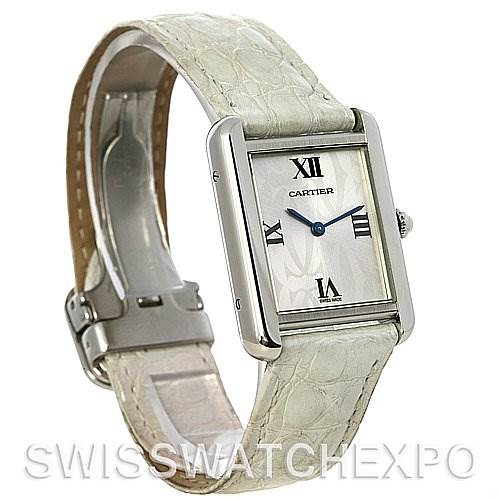 The image shows a Cartier Tank Solo W1019555 Women's Stainless Steel Silver Dial W1019555 Women's Stainless Steel Silver Dial watch from an angled side view, highlighting its face, bezel, and leather strap.