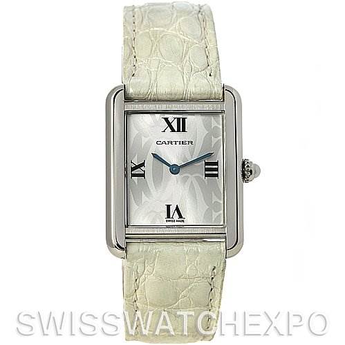 The image shows a front view of a Cartier Tank Solo W1019555 Women's Stainless Steel Silver Dial W1019555 Women's Stainless Steel Silver Dial watch, featuring its face, hands, and strap.
