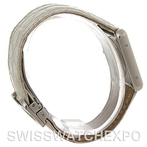 The image shows a Cartier Tank Solo W1019555 Women's Stainless Steel Silver Dial W1019555 Women's Stainless Steel Silver Dial watch from a side angle, highlighting its case, crown, and strap.