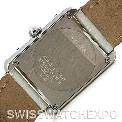The image shows the back of the Cartier Tank Solo W1019555 Women's Stainless Steel Silver Dial W1019555 Women's Stainless Steel Silver Dial watch case, highlighting the stainless steel material and water resistance.