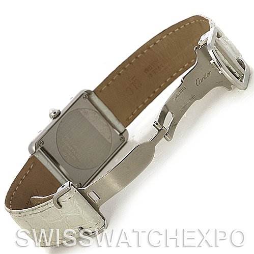 The image shows a rear view of the Cartier Tank Solo W1019555 Women's Stainless Steel Silver Dial W1019555 Women's Stainless Steel Silver Dial watch, highlighting the underside of the leather strap and clasp mechanism.