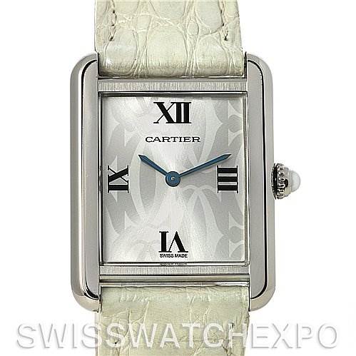The image shows the face of a Cartier Tank Solo W1019555 Women's Stainless Steel Silver Dial W1019555 Women's Stainless Steel Silver Dial watch with a light-colored leather strap and a visible crown.