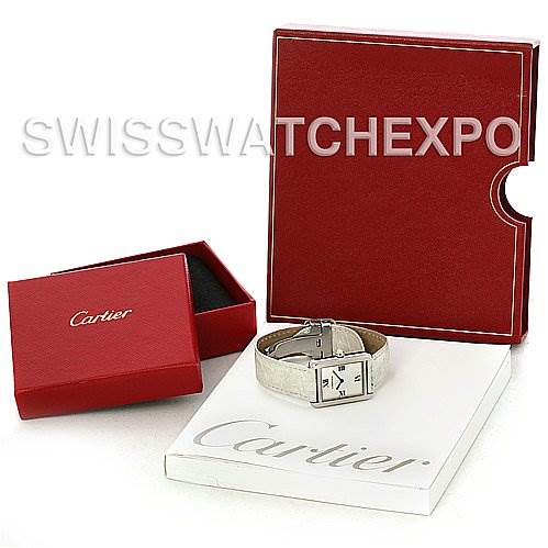 The image shows a Cartier Tank Solo W1019555 Women's Stainless Steel Silver Dial W1019555 Women's Stainless Steel Silver Dial watch, its red presentation box, and a matching booklet, all displayed from a front angle.
