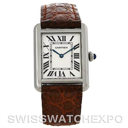 The image shows a frontal view of a Cartier Tank Solo W1018255 Women's Stainless Steel Silver Dial W1018255 Women's Stainless Steel Silver Dial watch with a brown leather strap and a white dial featuring Roman numerals.