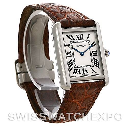 This image shows a Cartier Tank Solo W1018255 Women's Stainless Steel Silver Dial W1018255 Women's Stainless Steel Silver Dial watch at a slight angle, highlighting its square face, Roman numerals, and brown leather strap.