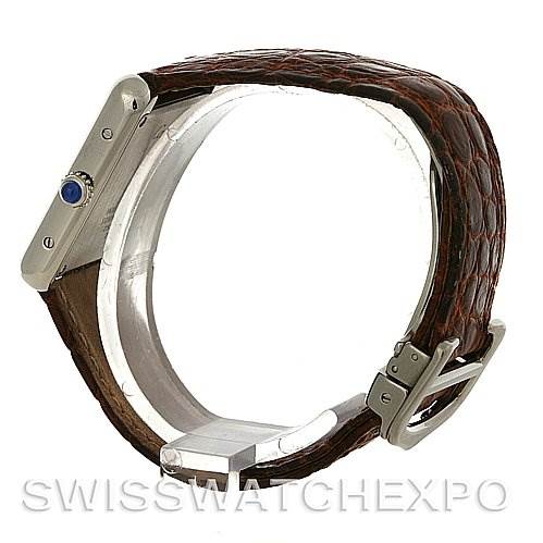 The image shows a side view of the Cartier Tank Solo W1018255 Women's Stainless Steel Silver Dial W1018255 Women's Stainless Steel Silver Dial watch, highlighting the crown, case, and leather strap.