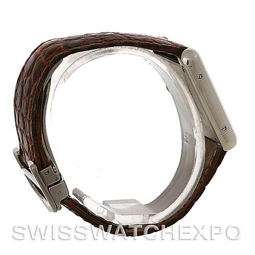 The image shows a side angle of the Cartier Tank Solo W1018255 Women's Stainless Steel Silver Dial W1018255 Women's Stainless Steel Silver Dial watch, highlighting the leather strap and the side profile of the case.