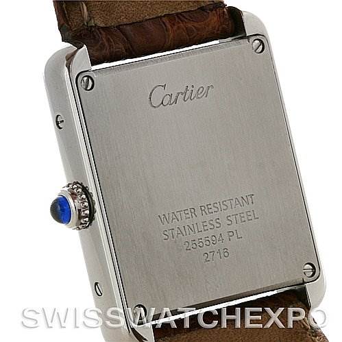 The image shows the back case of a Cartier Tank Solo W1018255 Women's Stainless Steel Silver Dial W1018255 Women's Stainless Steel Silver Dial watch, displaying the brand name, water resistance, and stainless steel information.