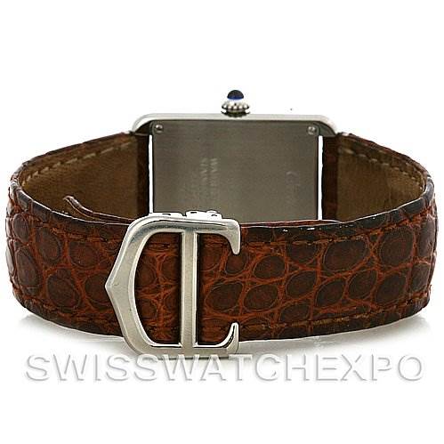 The image shows the back case and brown leather strap with buckle of a Cartier Tank Solo W1018255 Women's Stainless Steel Silver Dial W1018255 Women's Stainless Steel Silver Dial watch.