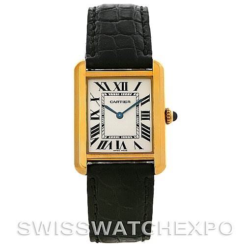 The image shows a frontal view of a Cartier Tank Solo W1018755 Women's Steel and Gold (two tone) Silver Dial W1018755 Women's Steel and Gold (two tone) Silver Dial watch with a gold case, Roman numeral dial, and black leather strap.