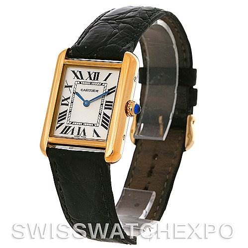 The image shows a Cartier Tank Solo W1018755 Women
s Steel and Gold (two tone) Silver Dial W1018755 Women
s Steel and Gold (two tone) Silver Dial watch at a three-quarter angle, highlighting its face, strap, and side crown.