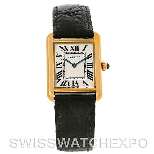 The image shows a front view of the Cartier Tank Solo W1018755 Women
s Steel and Gold (two tone) Silver Dial W1018755 Women
s Steel and Gold (two tone) Silver Dial watch with a black strap and rectangular face featuring Roman numerals.