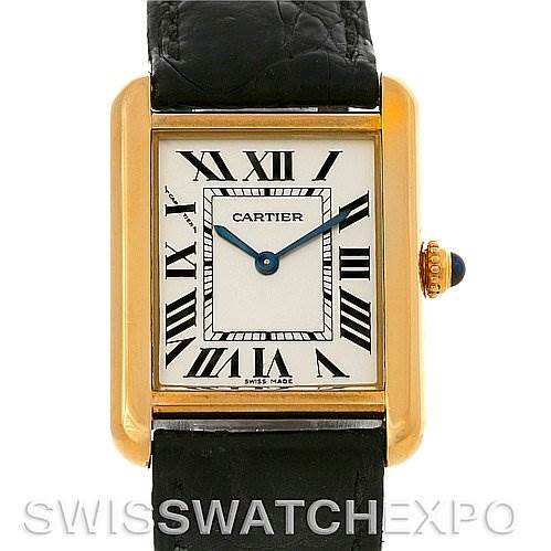 This image shows a frontal view of the Cartier Tank Solo W1018755 Women
s Steel and Gold (two tone) Silver Dial W1018755 Women
s Steel and Gold (two tone) Silver Dial watch, detailing its rectangular dial, Roman numerals, and leather strap.