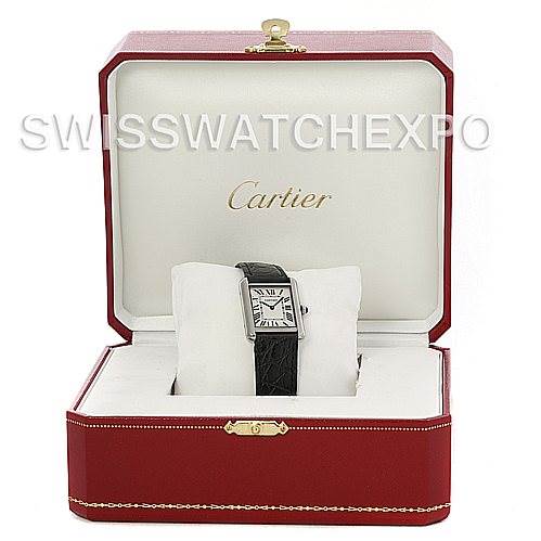 The image shows a Cartier Tank Solo W1018255 Women's Stainless Steel Silver Dial W1018255 Women's Stainless Steel Silver Dial watch front view, displayed in its open red box.