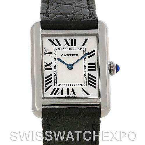 The image shows a front view of a Tank Solo model by Cartier, featuring its rectangular case, Roman numeral dial, and leather strap.