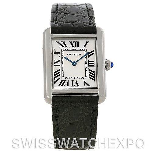 This image shows a front angle view of the Cartier Tank Solo W1018255 Women's Stainless Steel Silver Dial W1018255 Women's Stainless Steel Silver Dial watch, displaying its rectangular face, Roman numerals, and leather strap.