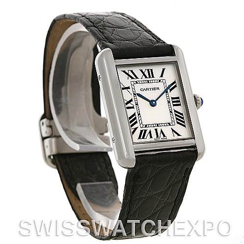This image shows a Cartier Tank Solo W1018255 Women's Stainless Steel Silver Dial W1018255 Women's Stainless Steel Silver Dial watch at a slightly angled side view, highlighting its rectangular case, black leather strap, and Roman numeral dial.