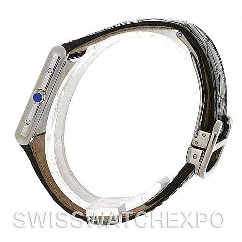 The Cartier Tank Solo W1018255 Women's Stainless Steel Silver Dial W1018255 Women's Stainless Steel Silver Dial watch is shown from a side angle, highlighting the crown and strap with buckle.