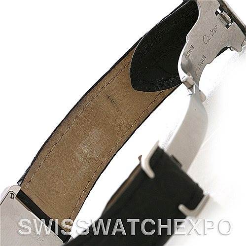 This image shows the clasp and inner leather band of the Cartier Tank Solo W1018255 Women's Stainless Steel Silver Dial W1018255 Women's Stainless Steel Silver Dial watch from a side angle.