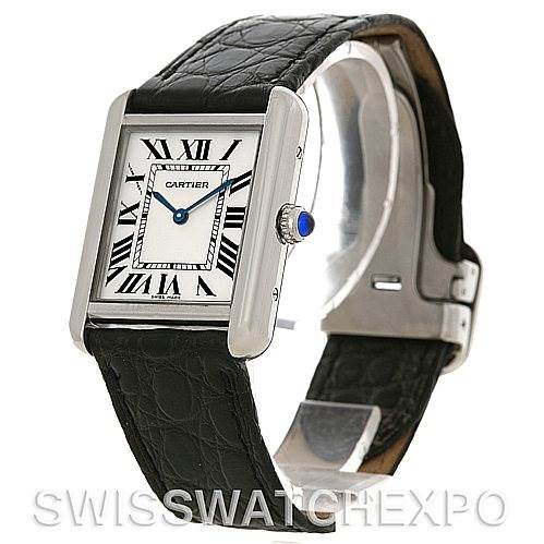 This image shows a Cartier Tank Solo W1018255 Women's Stainless Steel Silver Dial W1018255 Women's Stainless Steel Silver Dial watch with a black leather strap, viewed from an oblique angle.