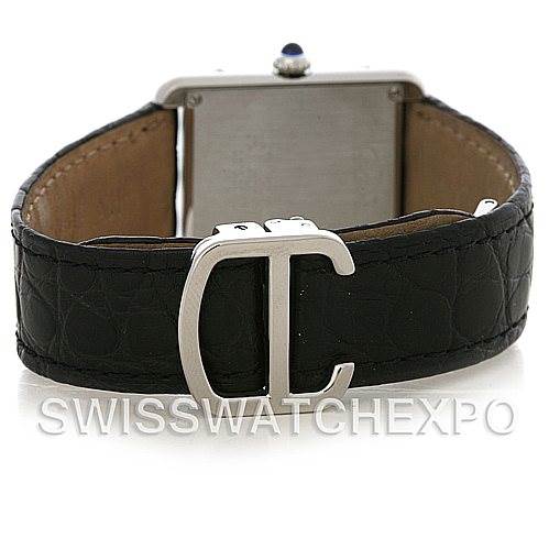 The image shows the back view of a Cartier Tank Solo W1018255 Women's Stainless Steel Silver Dial W1018255 Women's Stainless Steel Silver Dial watch with a focus on the leather strap and clasp.