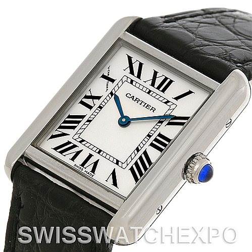 The image shows a Cartier Tank Solo W1018255 Women's Stainless Steel Silver Dial W1018255 Women's Stainless Steel Silver Dial watch at an angle highlighting its face, rectangular case, and leather strap.