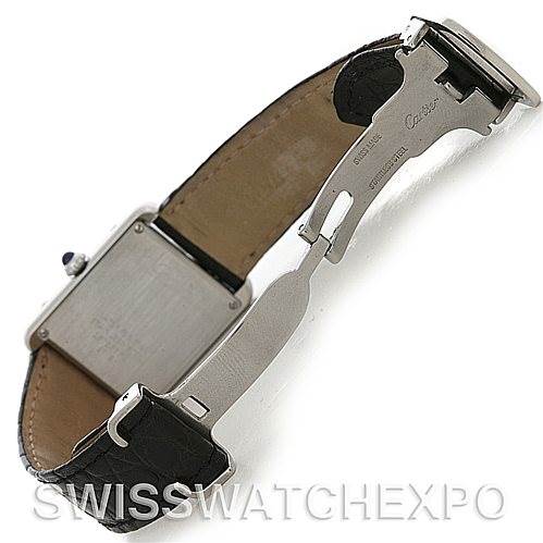 This image shows the back and clasp of a Cartier Tank Solo W1018255 Women's Stainless Steel Silver Dial W1018255 Women's Stainless Steel Silver Dial watch, highlighting the leather strap and deployment buckle.