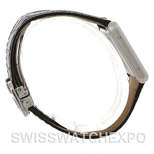 This image shows a side view of the Cartier Tank Solo W1018255 Women's Stainless Steel Silver Dial W1018255 Women's Stainless Steel Silver Dial watch, highlighting the case, strap, and clasp.