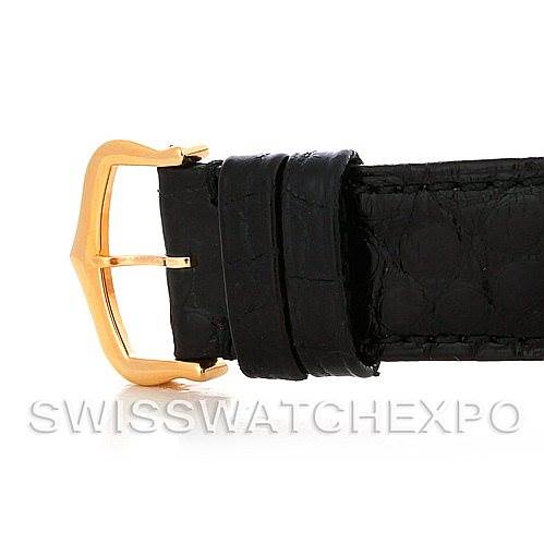 This image shows the buckle and part of the black leather strap of the Cartier Tank Solo W1018755 Women's Steel and Gold (two tone) Silver Dial W1018755 Women's Steel and Gold (two tone) Silver Dial model watch.